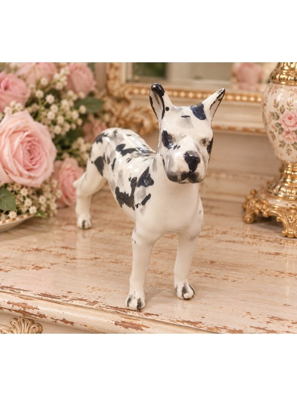 Vintage 40s Chase Japan Harlequin Great Dane Porcelain Dog Figurine 4.25x3.75